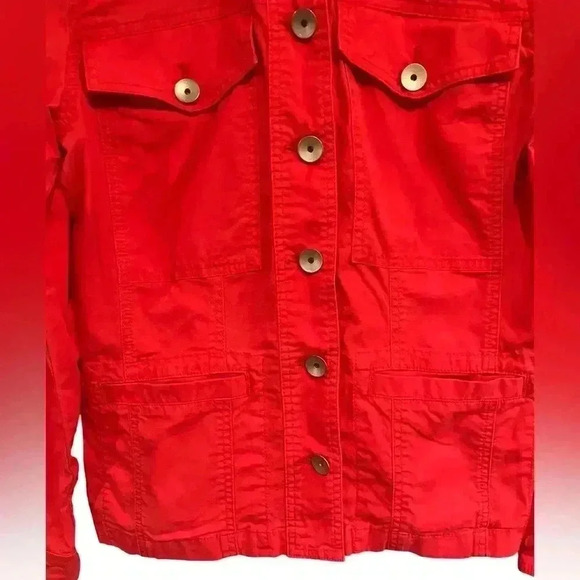 Cabi Taylor Utility Ruffle Back Button Down
Jacket #727 Red Orange - Picture 4 of 14